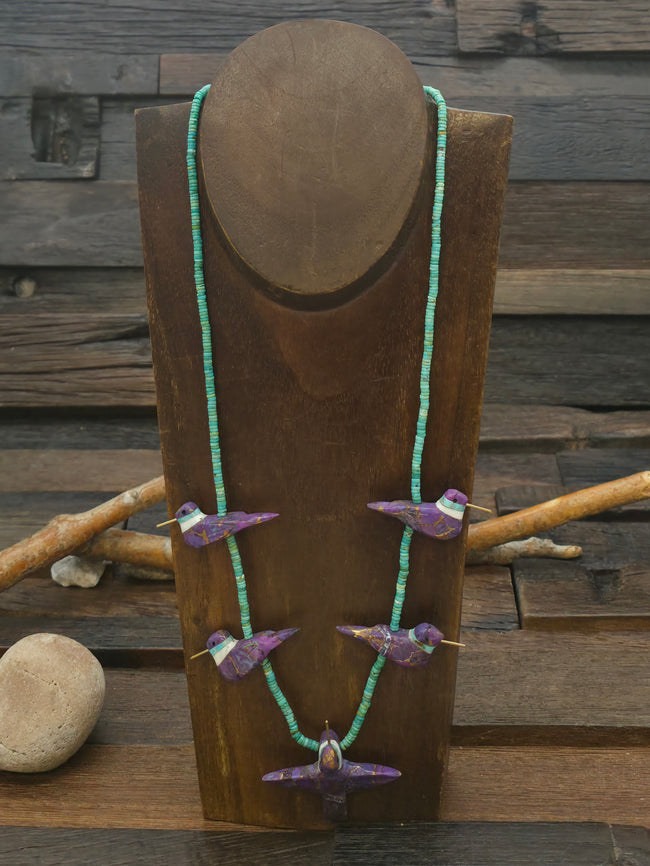 Purple Five Hummingbird Necklace with Turquoise Heishi by Matt Mitchell - 24 in.