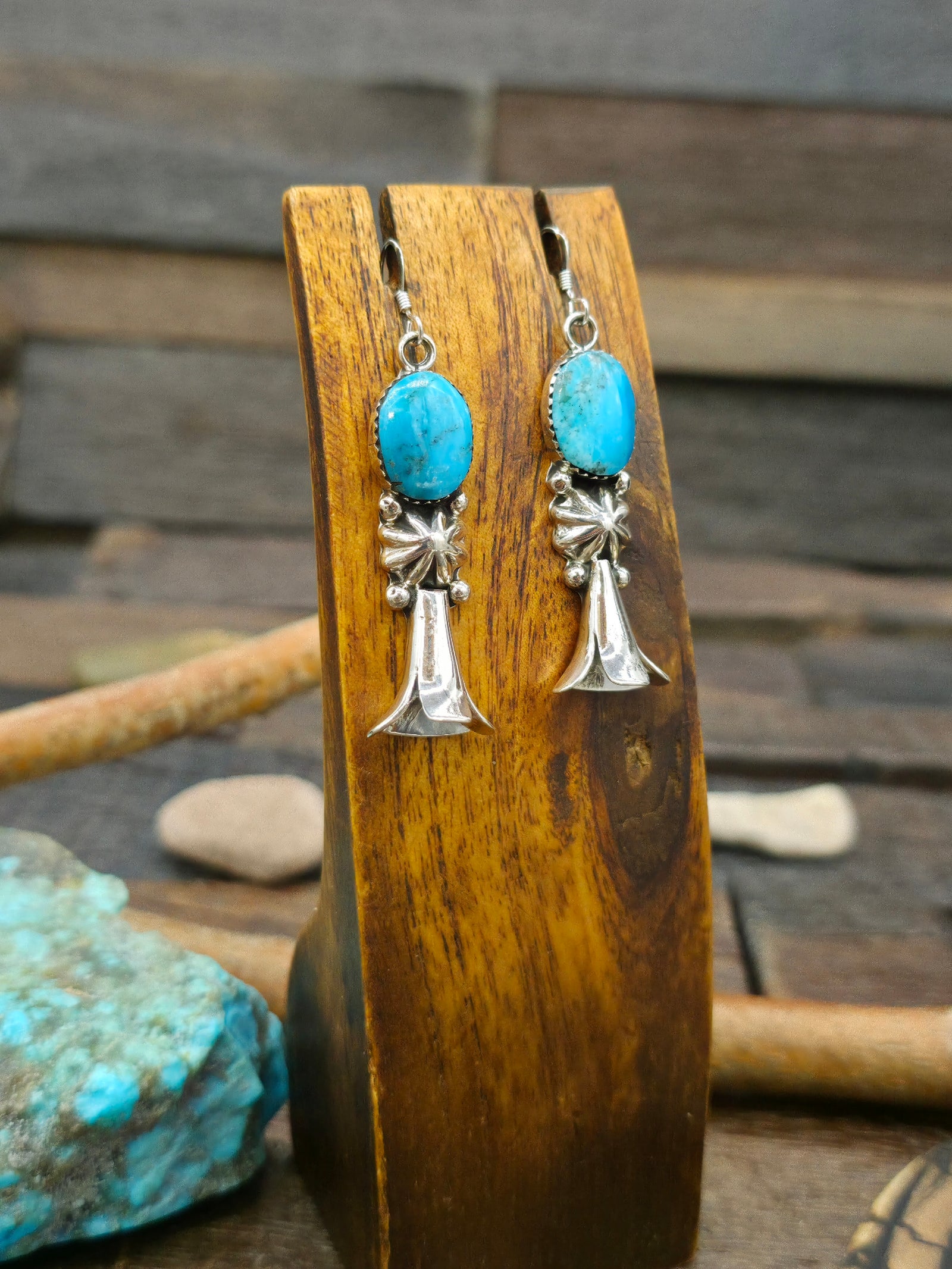 High Shine Sterling Silver Turquoise Squash Blossom Earrings by Arlene Lewis - 2 1/4 in by 1/2 in.