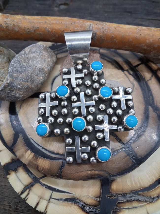 Cross Pendant Raindrop and Turquoise by Geneva Apachito