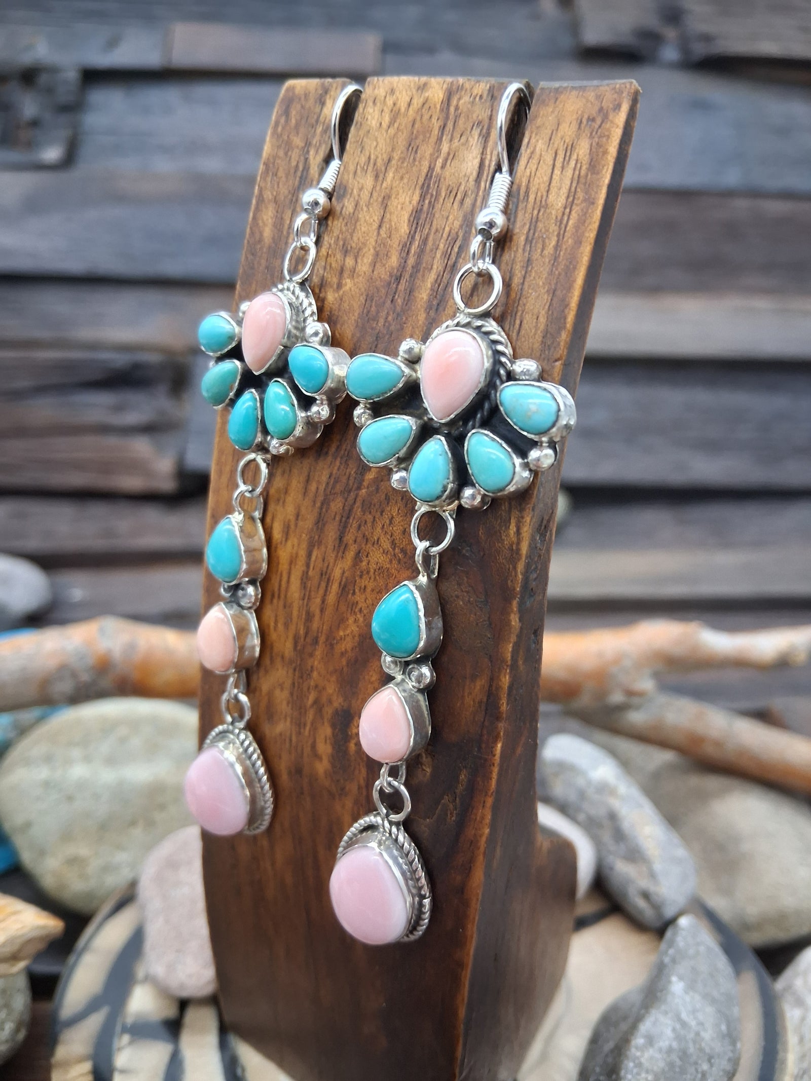 Pink Conch Turquoise Sterling Silver Hook Dangle Earrings by Randy Endito