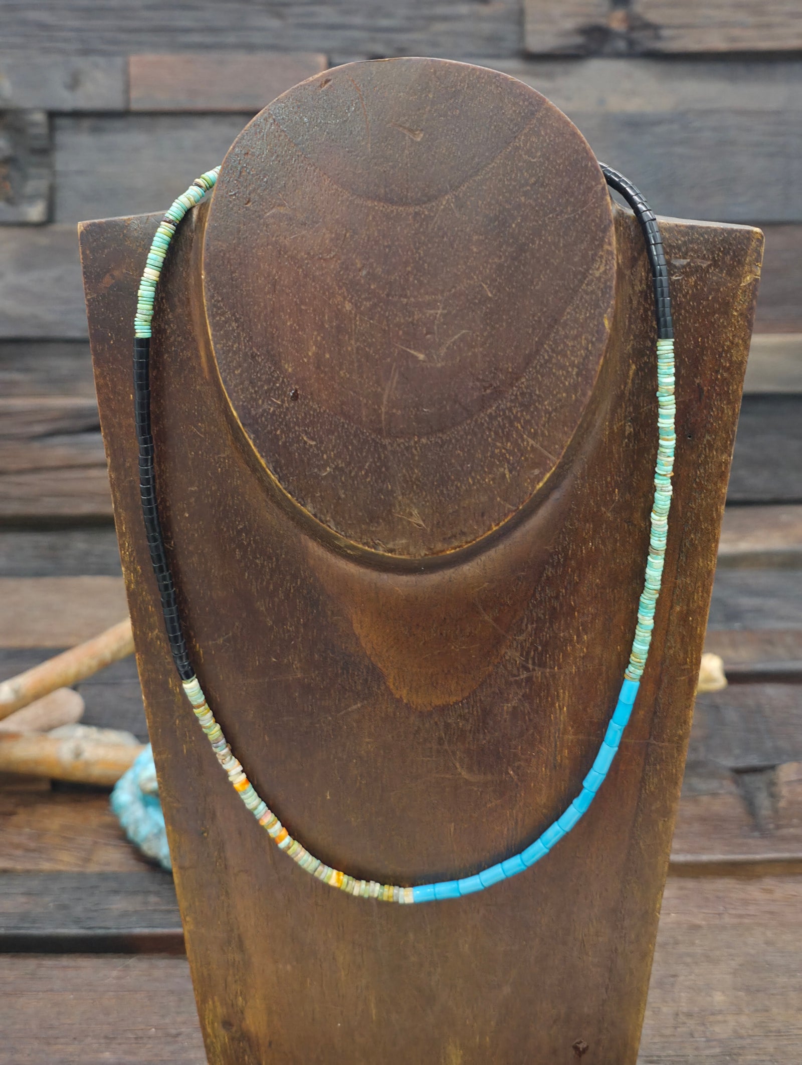 Dainty Jet, Spiny, and Turquoise Heishi Necklace by Fred Archuleta - 18 in.