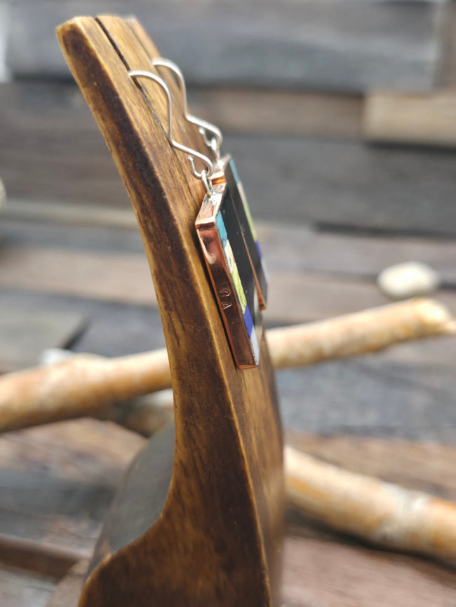 Mosaic Inlay Earrings with Jet, Turquoise, Serpentine, and Lapis Wrapped in Copper by Gabriel Aguilar