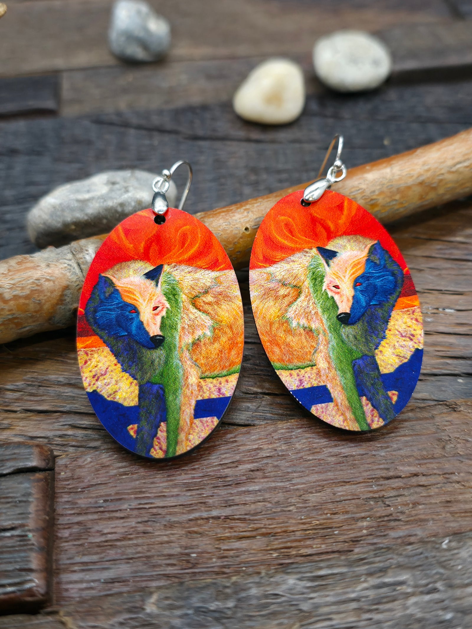 Art Earrings by Bill and Tracy Rabbit - Red Coyote
