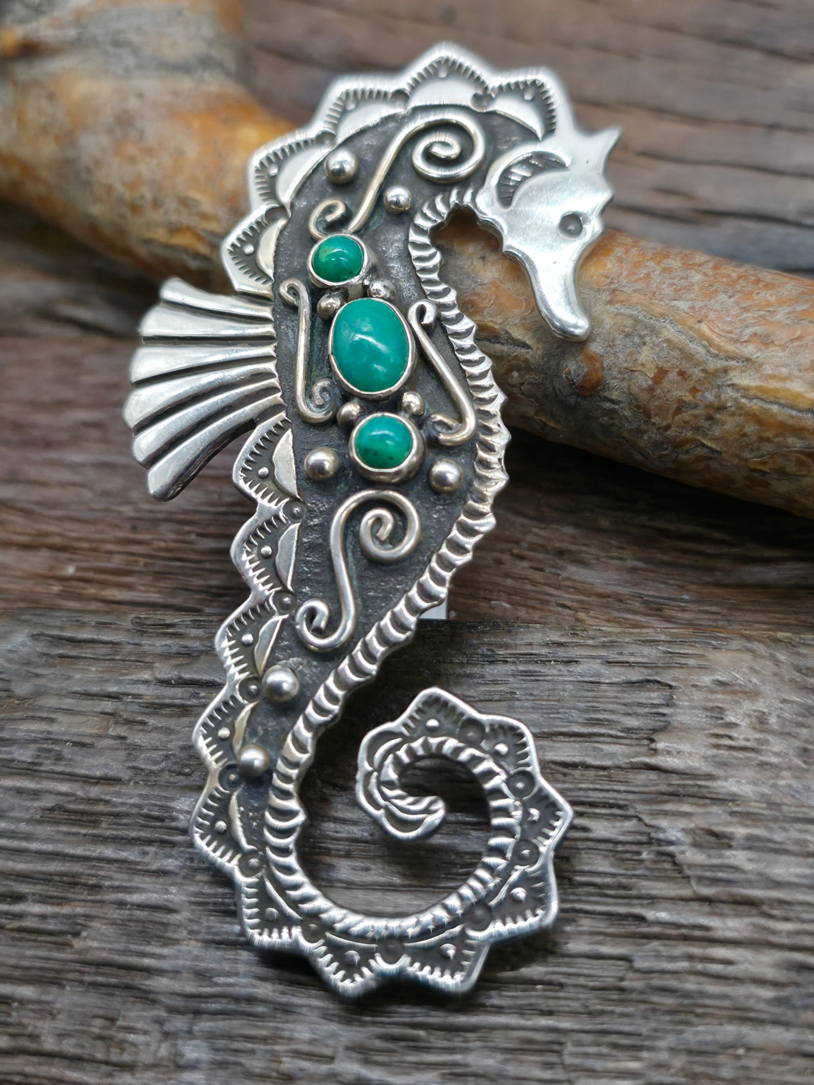 Sterling Silver and Green Turquoise Seahorse Pin