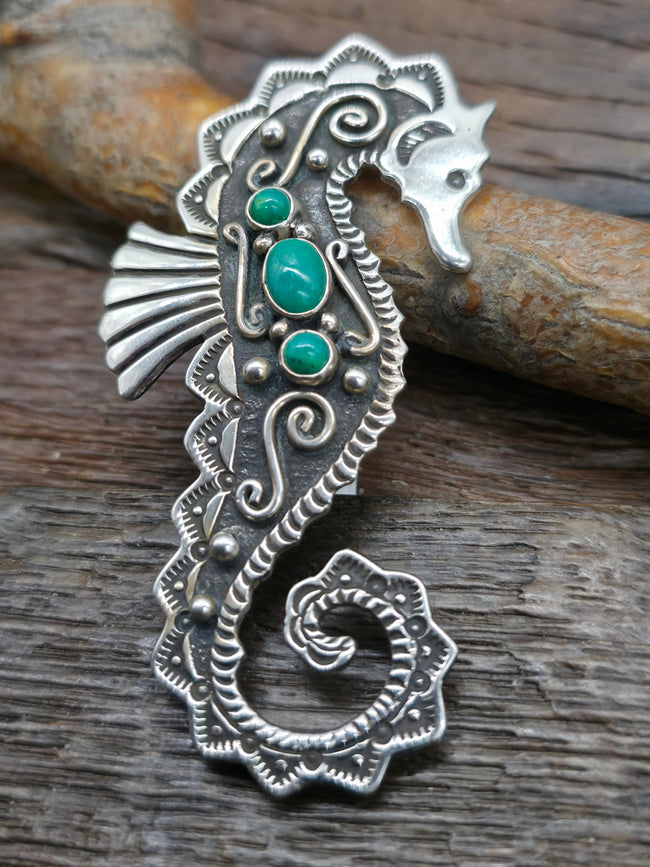 Sterling Silver and Green Turquoise Seahorse Pin