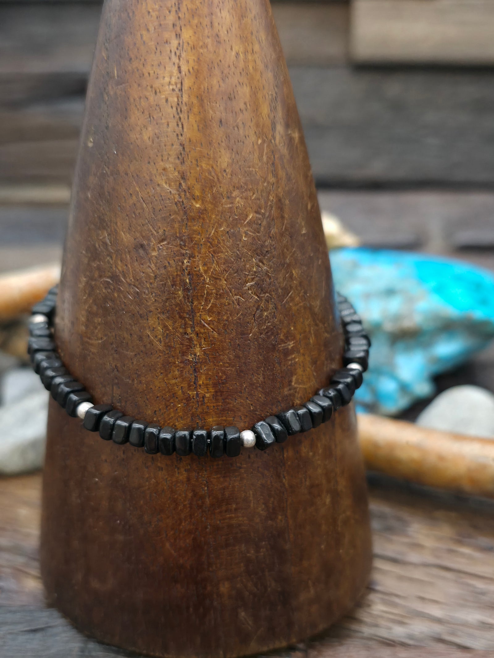 Onyx Stone and Sterling Silver Bead Bracelet - 7 in.