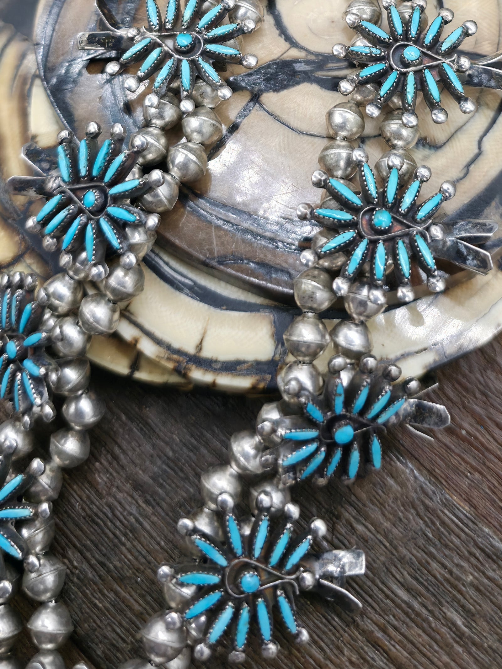 Vintage/Estate Sterling Silver Turquoise Needlepoint Squash Blossom Necklace Circa 1960s - 30 in.