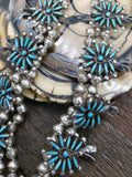 Vintage/Estate Sterling Silver Turquoise Needlepoint Squash Blossom Necklace Circa 1960s - 30 in.