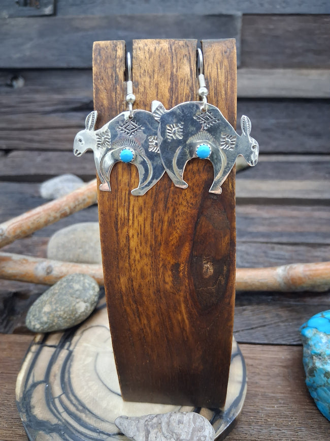 Stamped Sterling Silver and Turquoise Rabbit Earrings by Lucille Platero