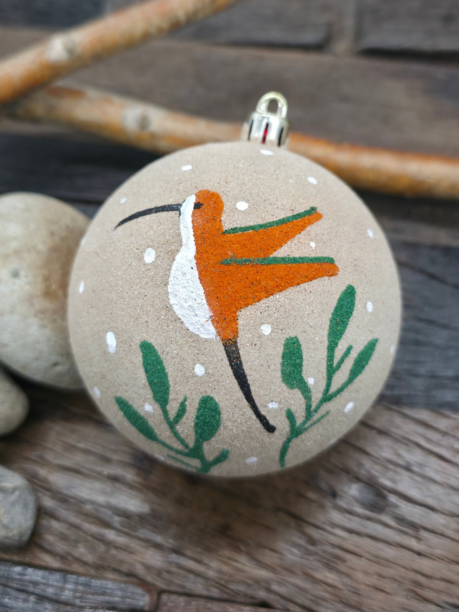 Large Sand Painting Christmas Ornament Bauble by Bingo Smith - Hummingbird Orange