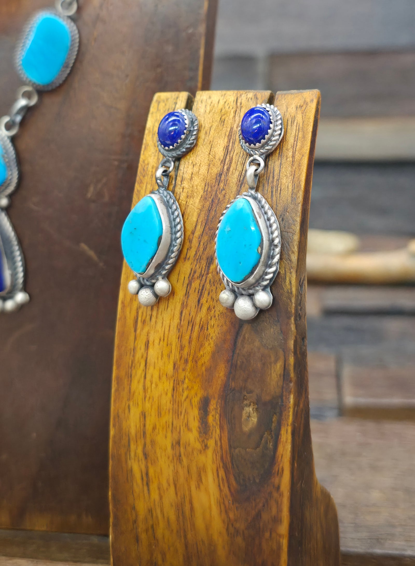 Sterling Silver Lapis and Candelaria Turquoise Lariat Necklace and Earring Set by LaRose Ganadanegro - 15 in.