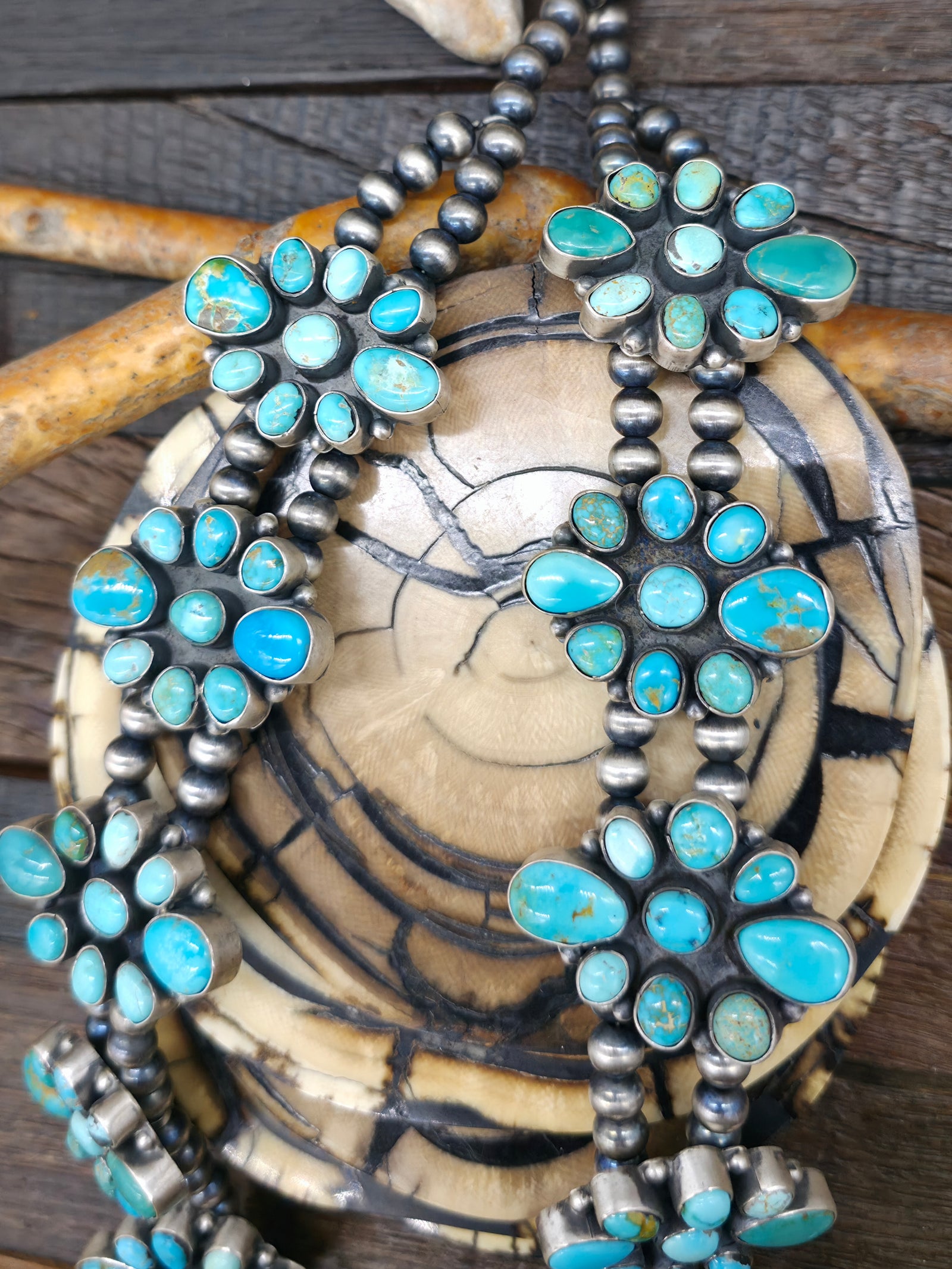 Sterling Silver Mixed Turquoise Squash Blossom Necklace and Earring Set by "R.S" - 28 in.