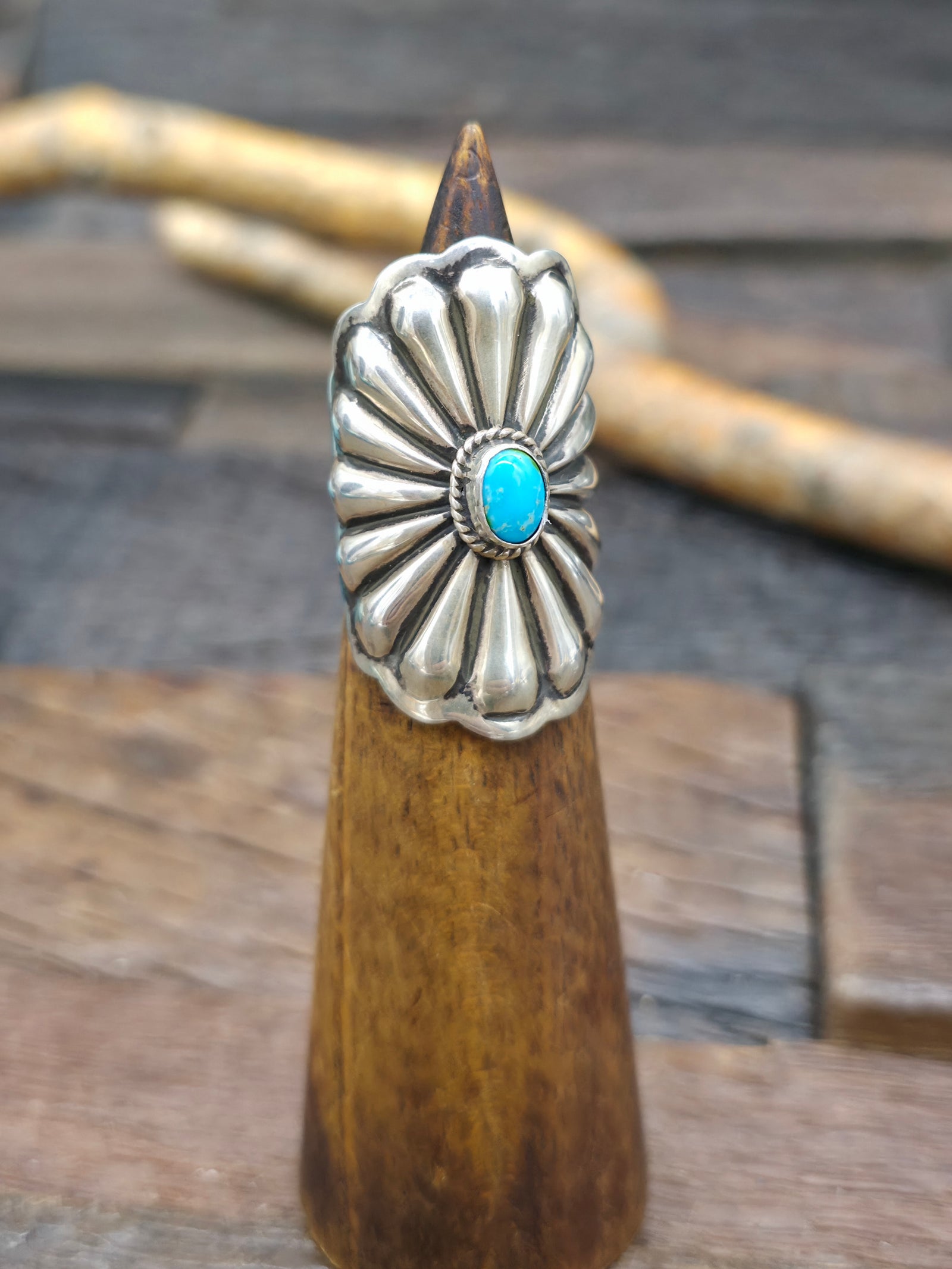 Repousse Stamped Sterling Silver Turquoise Ring by Darrel Cadman - Size 8