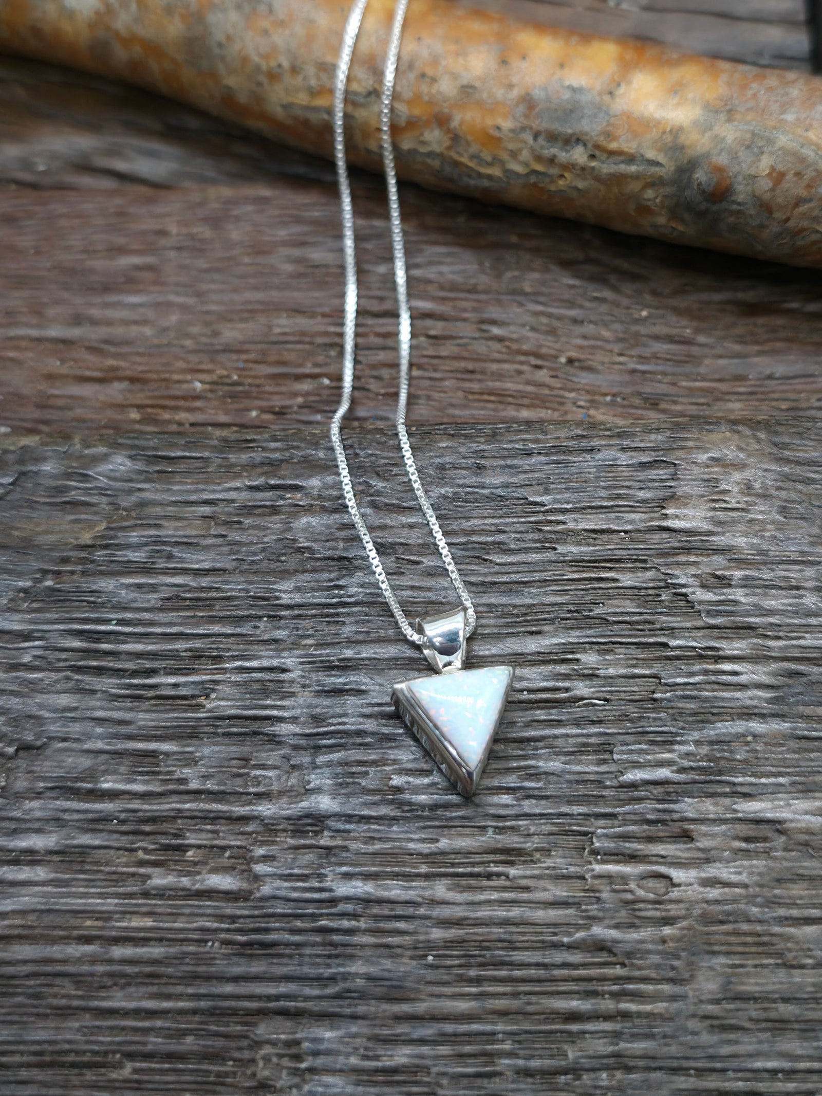 Sterling Silver White Lab Opal Pendant on 18 in. Chain - Triangle