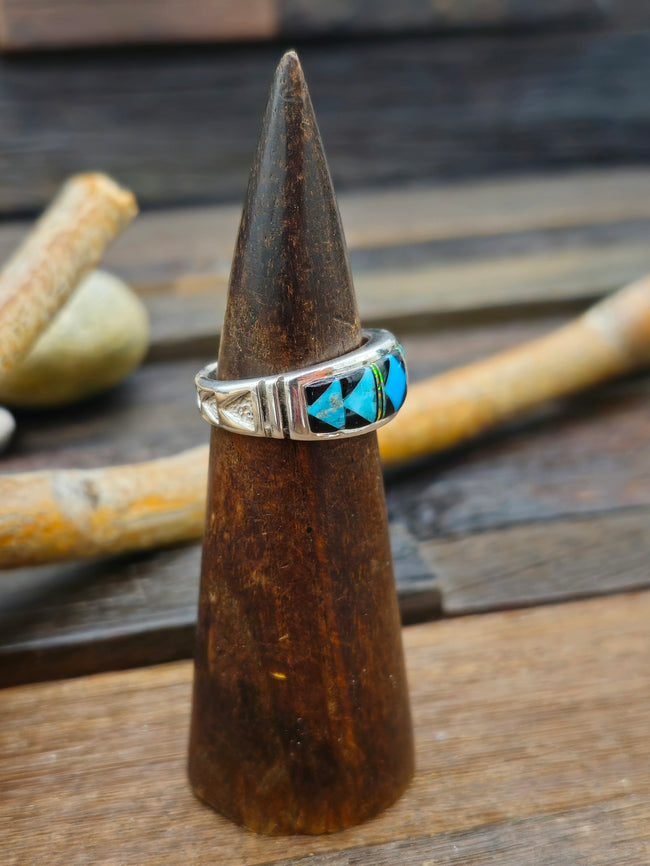 Blue Turquoise, Onyx, and Opal Inlay Sterling Silver Ring by Rick T. - Size 10
