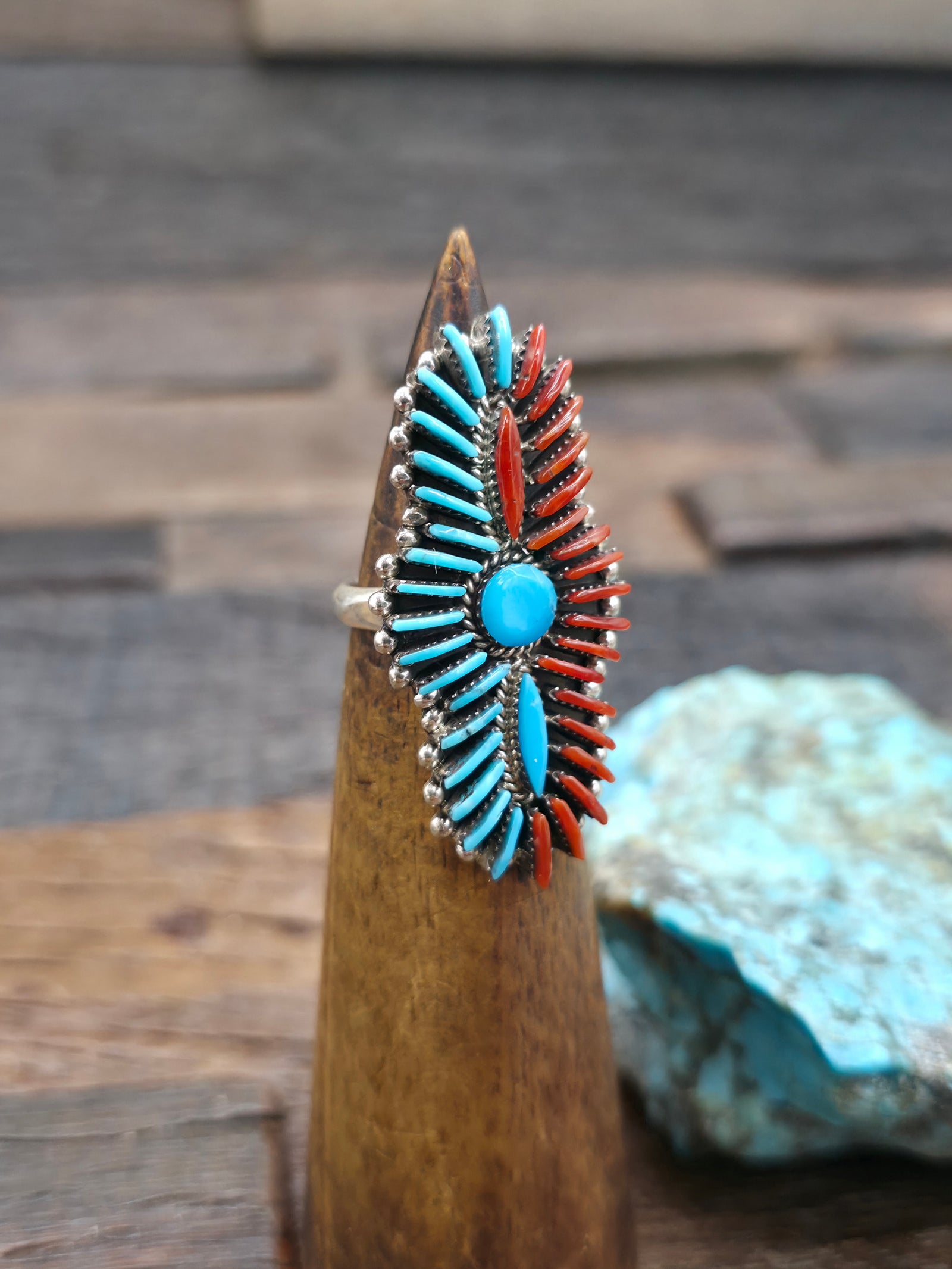 Sterling Silver Turquoise and Coral Needlepoint Ring by Ed C. - Size 6 1/2