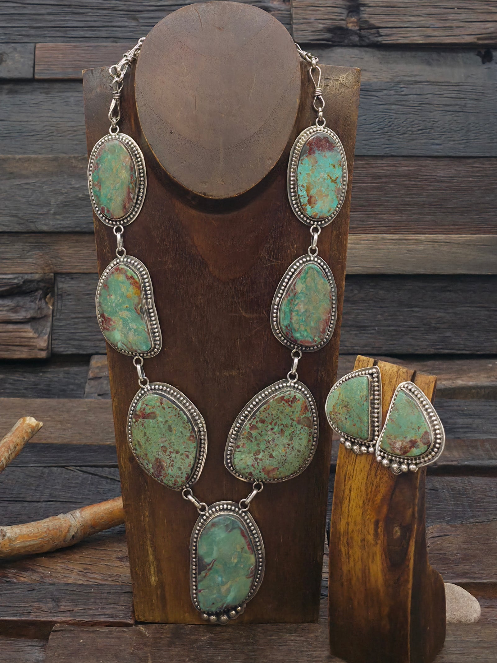 Sterling Silver Turquoise Lariat Necklace and Earring Set by LaRose Ganadanegro - 28 in.