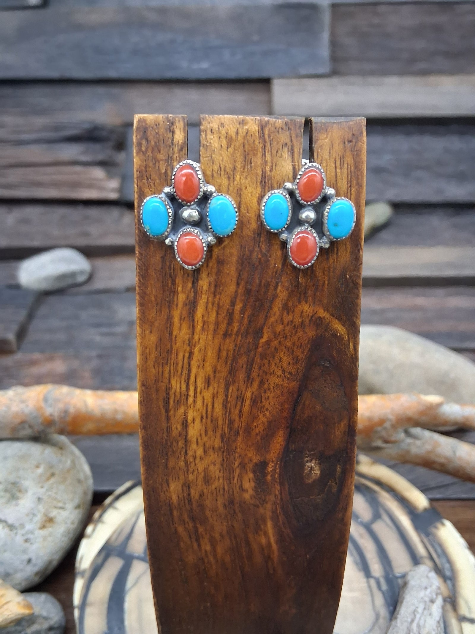 Turquoise and Coral Sterling Silver Post Earrings by "AS"