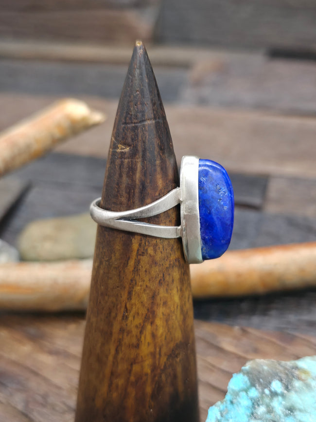 Brushed Sterling Silver and Lapis Ring by L. Ganado - Size 8 1/2