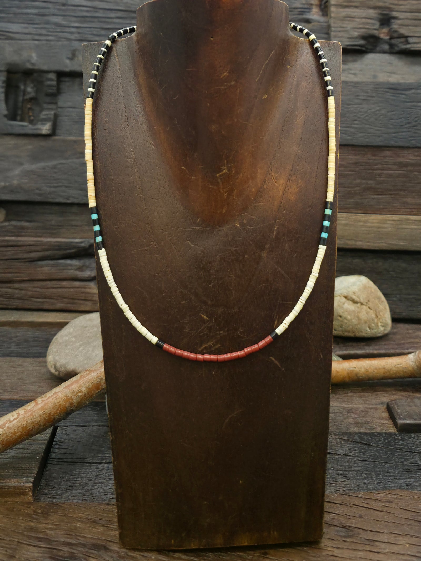 Colorblock Necklace by Torevia Crespin - Jet, Turquoise Pipestone, Melon Shell, and Clam Shell - 18 in.