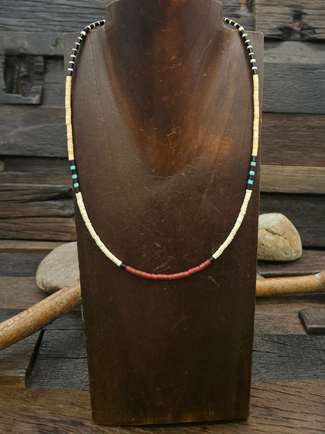 Colorblock Necklace by Torevia Crespin - Jet, Turquoise Pipestone, Melon Shell, and Clam Shell - 18 in.