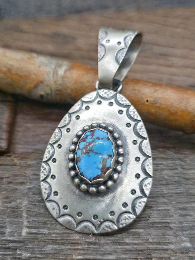 Stamped Sterling Silver Golden Hill Turquoise Pendant by Mark Yazzie - 2 3/4 in. by 1 1/4 in.