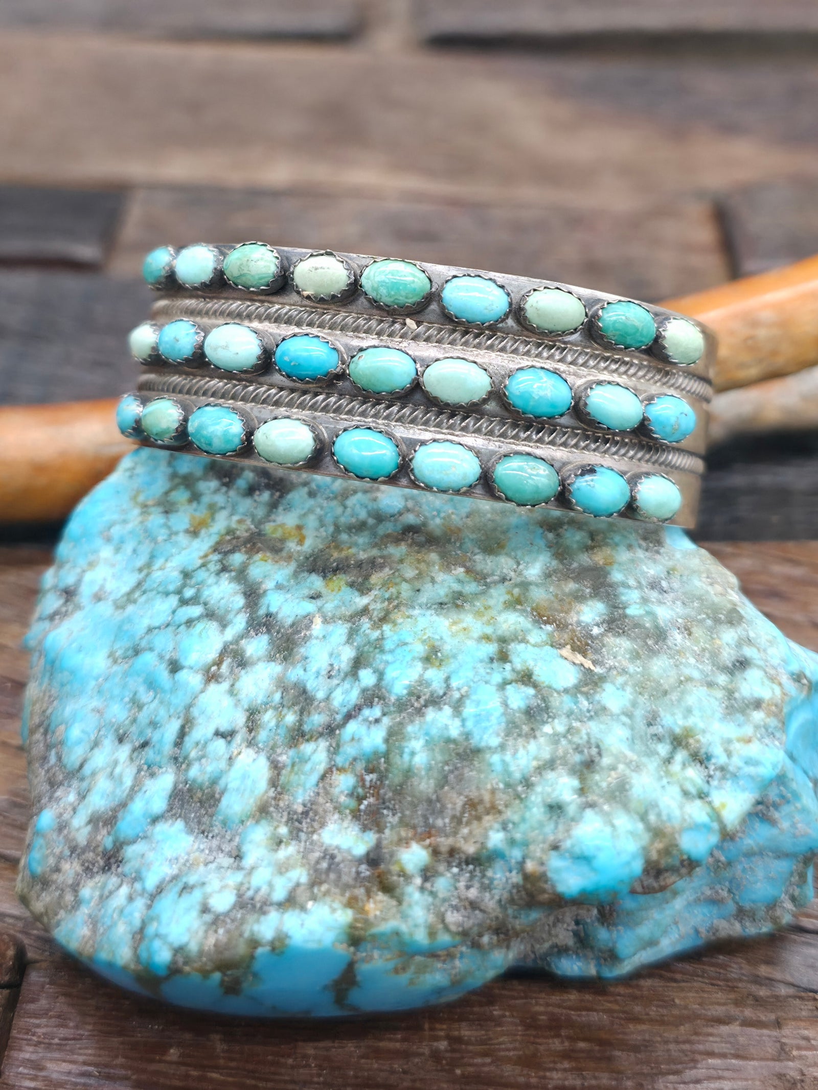 Sterling Silver Turquoise Three Row Bracelet by Paul Livingston - 6 1/2 in. with Gap