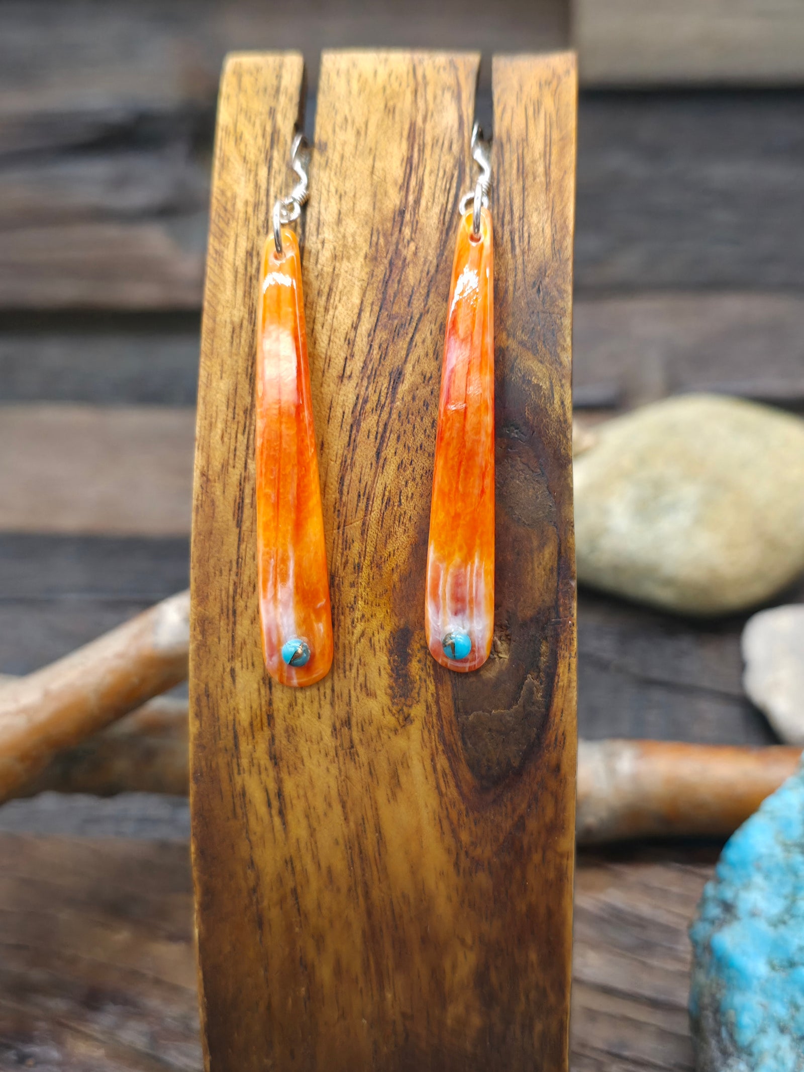 Orange Spiny Oyster and Turquoise Earrings by Jesus Espino - Rounded Bottom - 2 1/2 in. by 3/8 in.