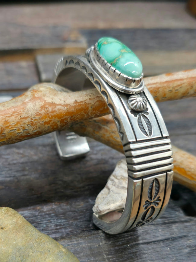 Heavyweight Stamped Sterling Silver and Green Turquoise Cuff by Albert Jake - 7 3/4 in.