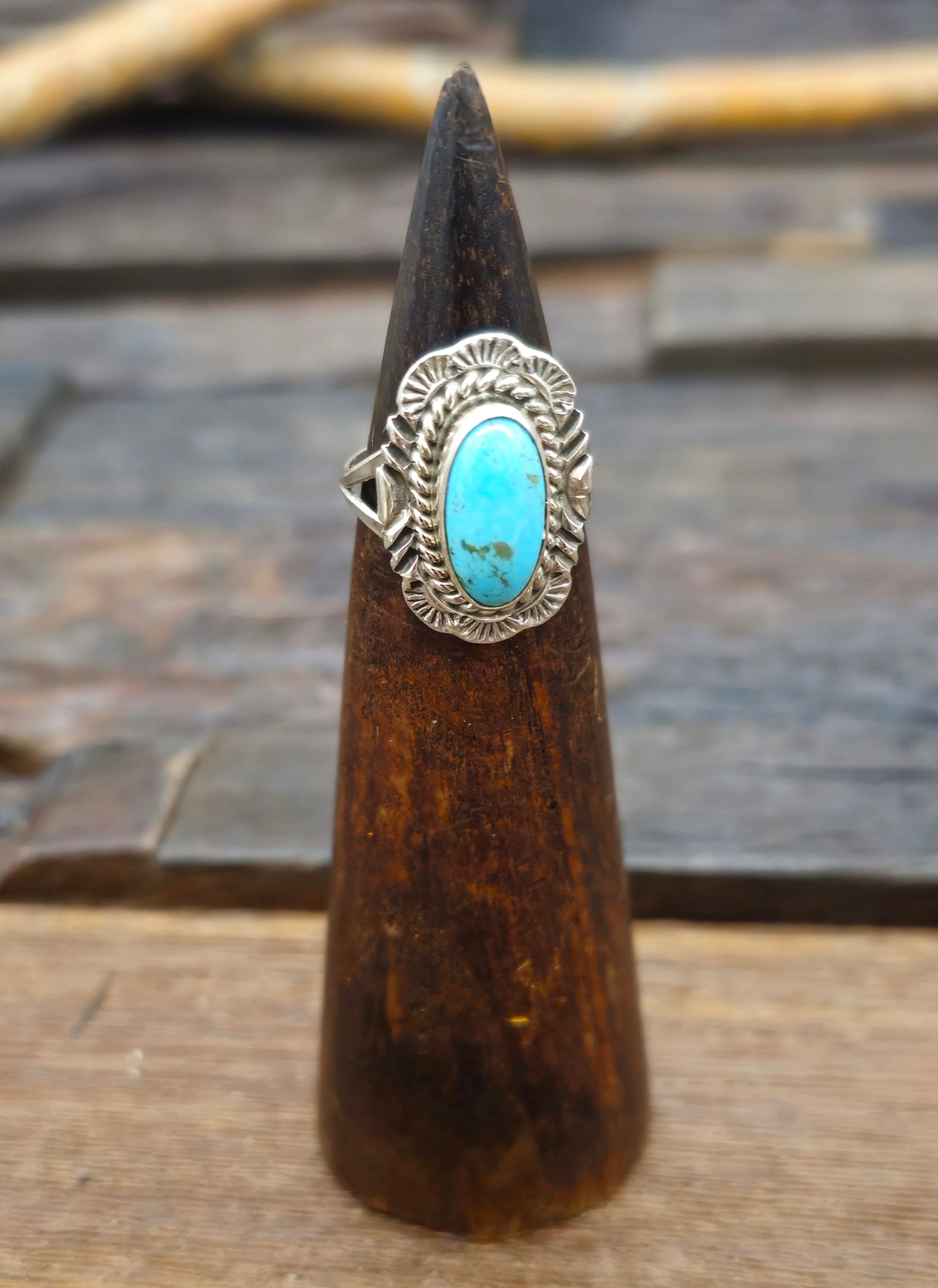 Blue Turquoise Stamped Sterling Silver Ring by Priscilla Smith - Size 7