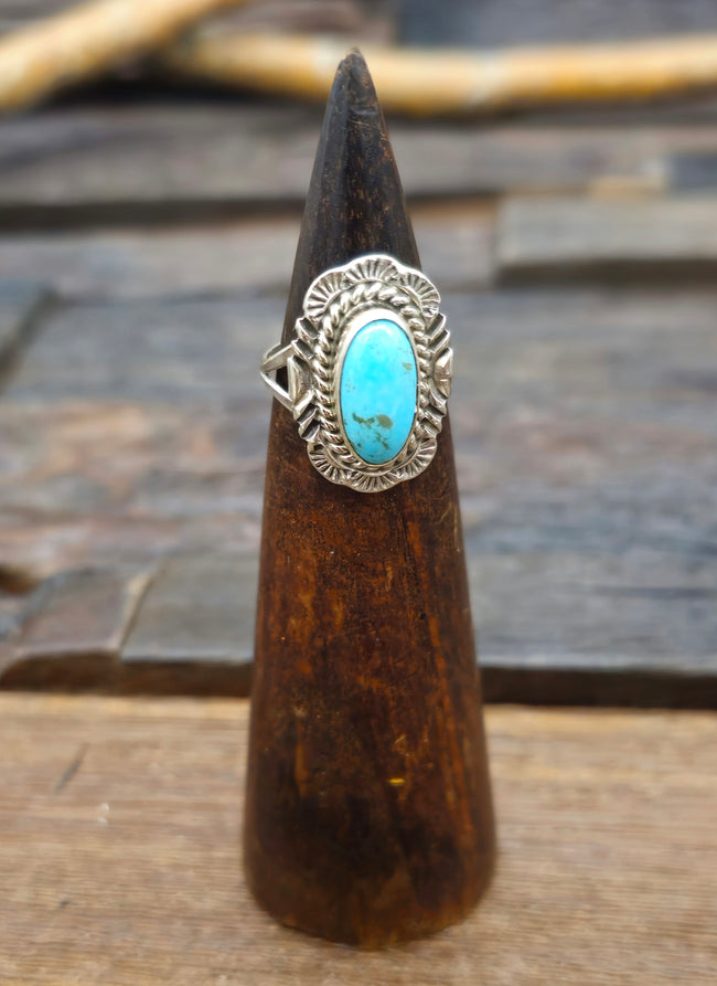 Blue Turquoise Stamped Sterling Silver Ring by Priscilla Smith - Size 7