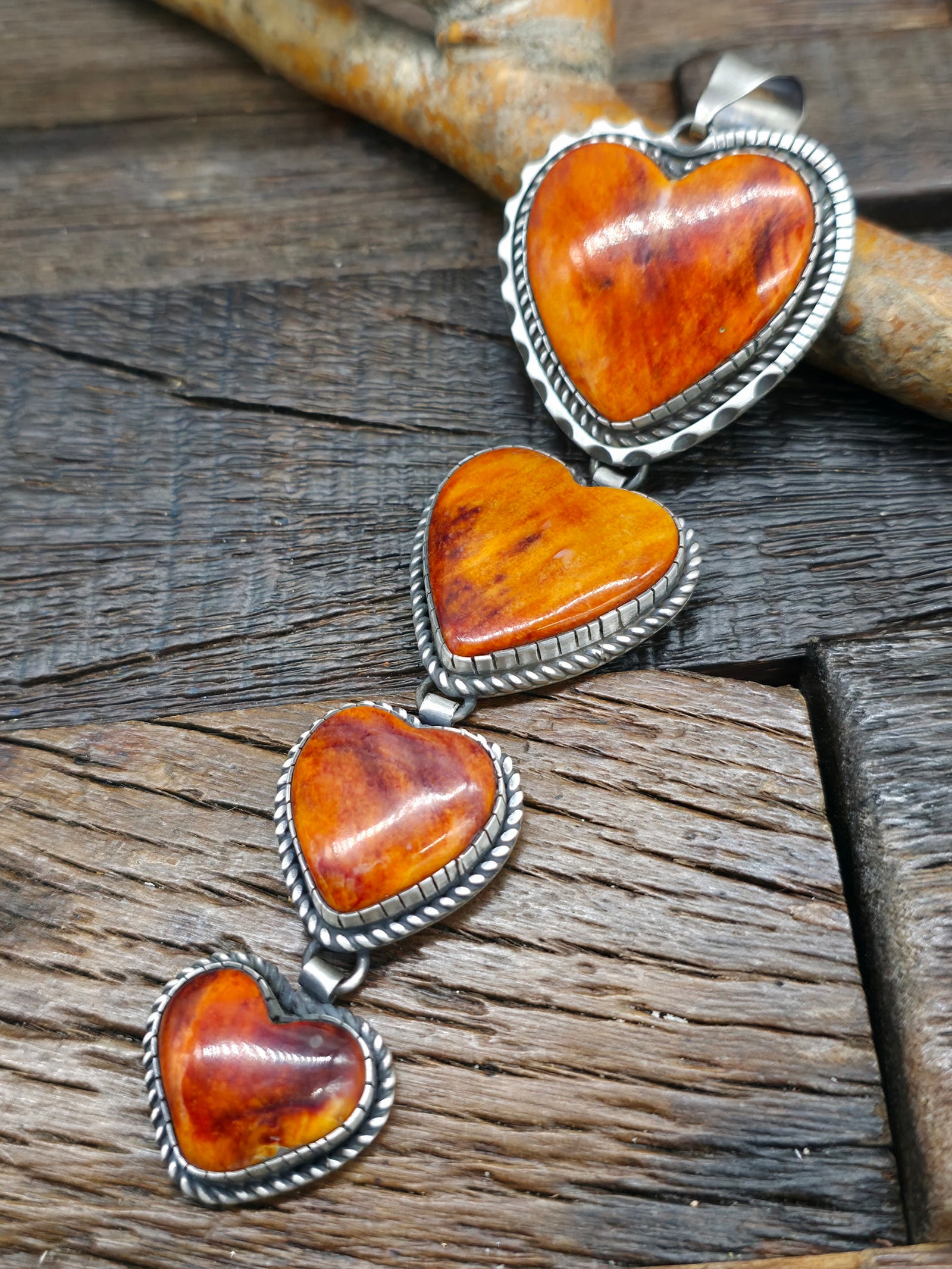 Four Stone Sterling Silver Orange Spiny Heart Ladder Pendant by Walter Vandever - 5 1/2 in. by 1 1/2 in.