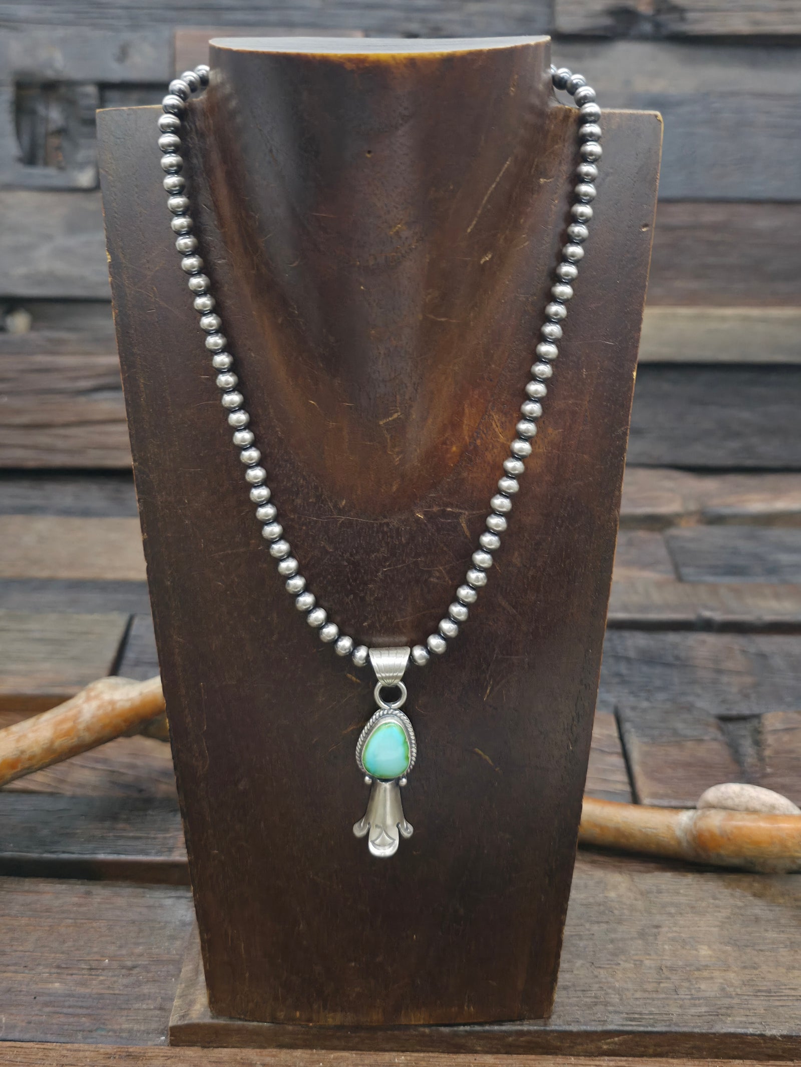 Sterling Silver Sonoran Turquoise Squash Blossom Pendant on Navajo Pearls by Sharon McCartney - 16 in.