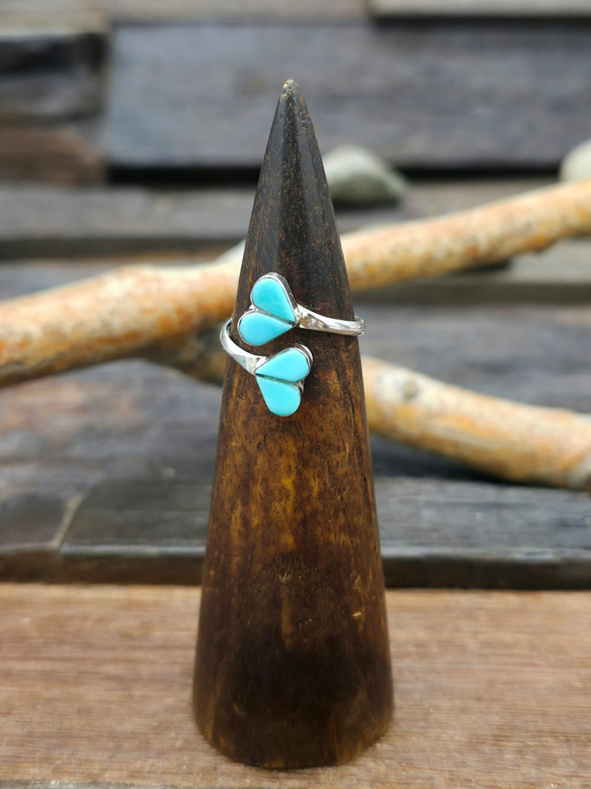 Sterling Silver Turquoise Inlay Hearts Ring by Margarita Chavez - Adjustable