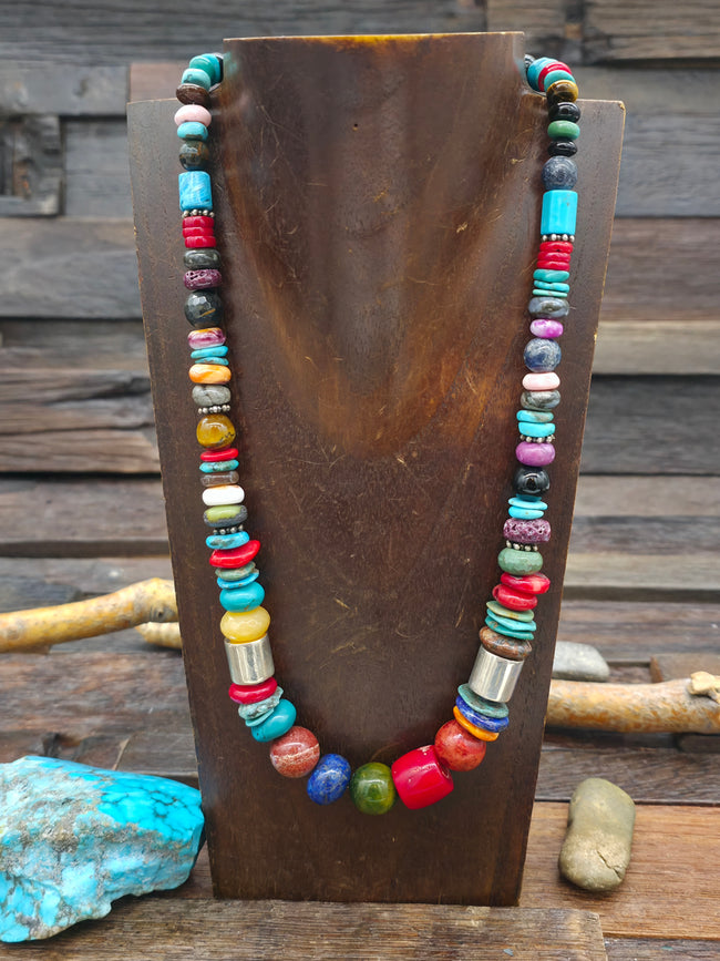 Mixed Stone Beaded Necklace w/Sterling Silver Cones and Barrel Beads by Rose Singer - 21 in.
