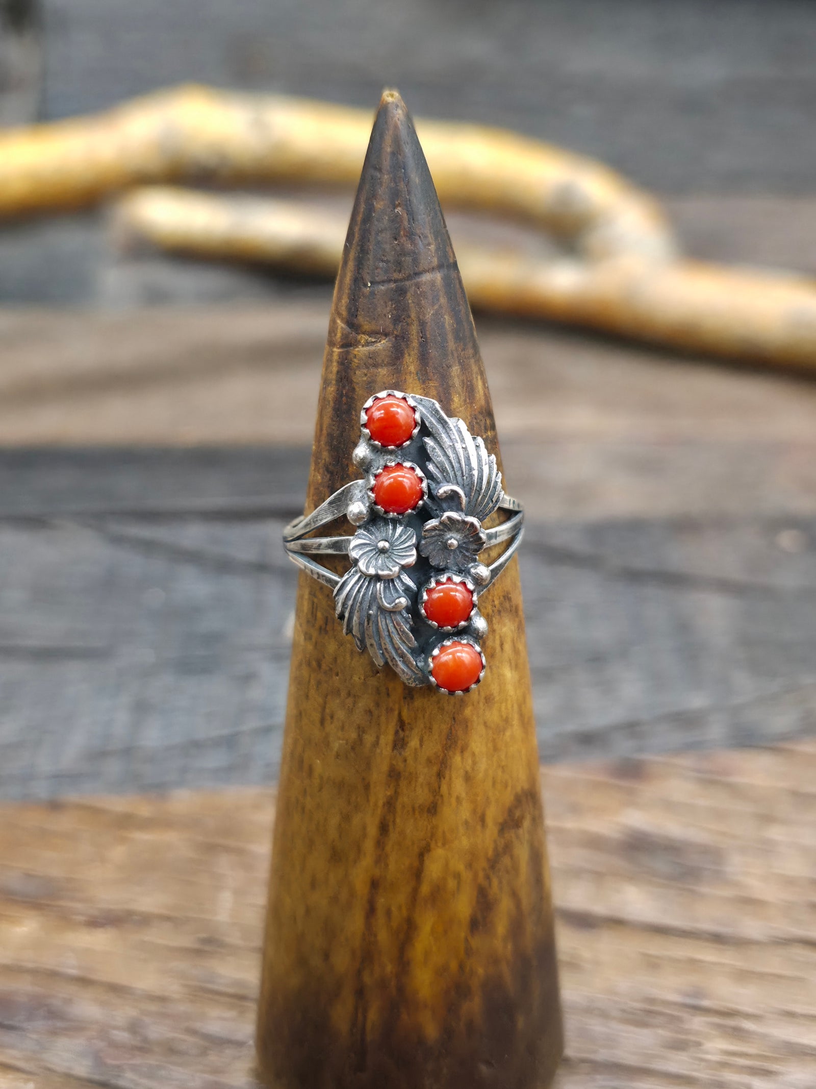 Sterling Silver Flower and Leaf Applique Ring with Coral by Judy Largo - Size 10