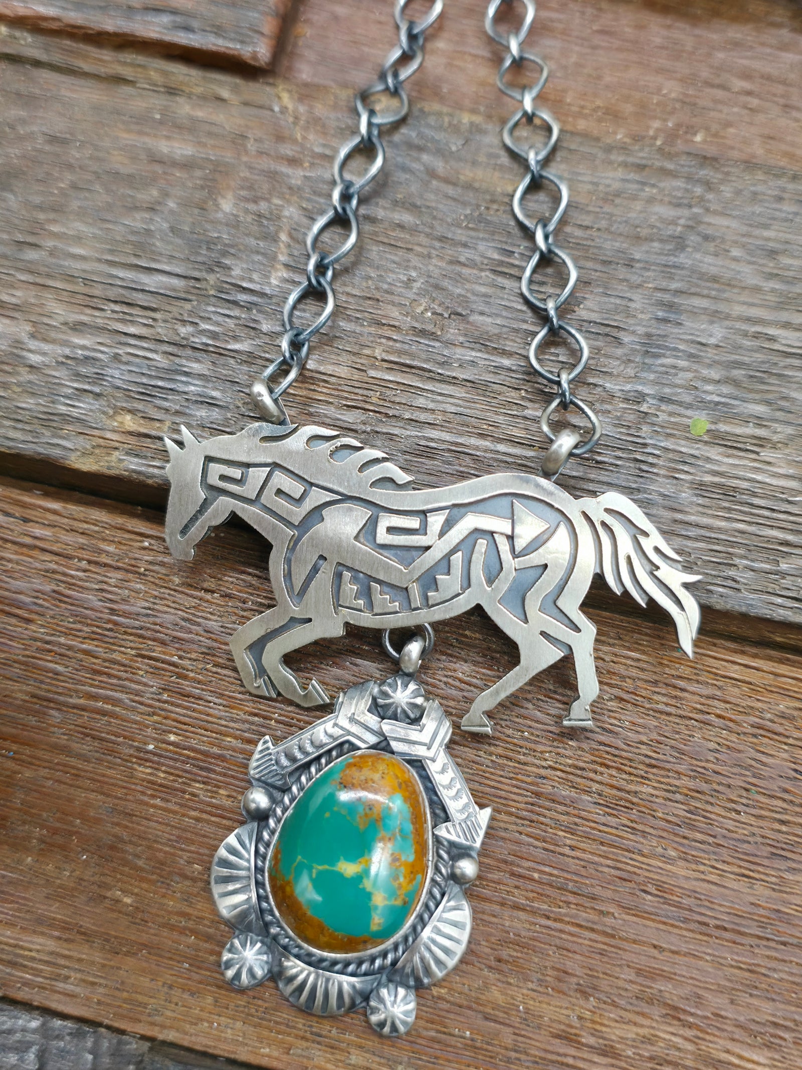 Sterling Silver Overlay Running Horse Lariat Necklace with Royston Turquoise - 20 in.
