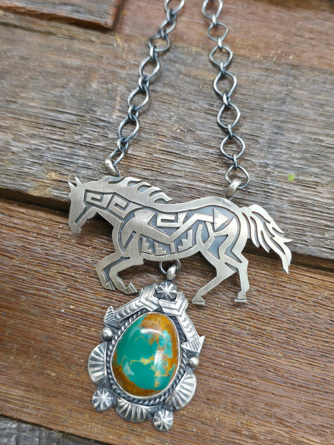 Sterling Silver Overlay Running Horse Lariat Necklace with Royston Turquoise - 20 in.