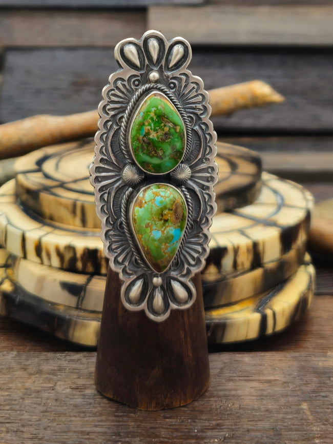 Stamped Two-Stone Sonoran Turquoise Ring by Leon Martinez - Adjustable