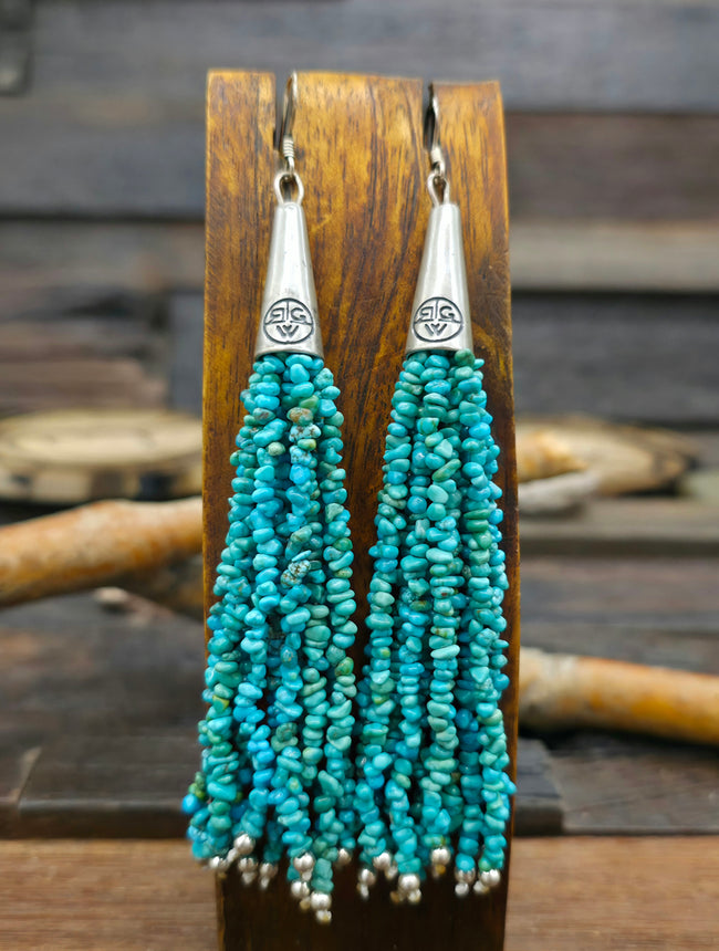 Blue Turquoise Stone Bead Tassel Earrings