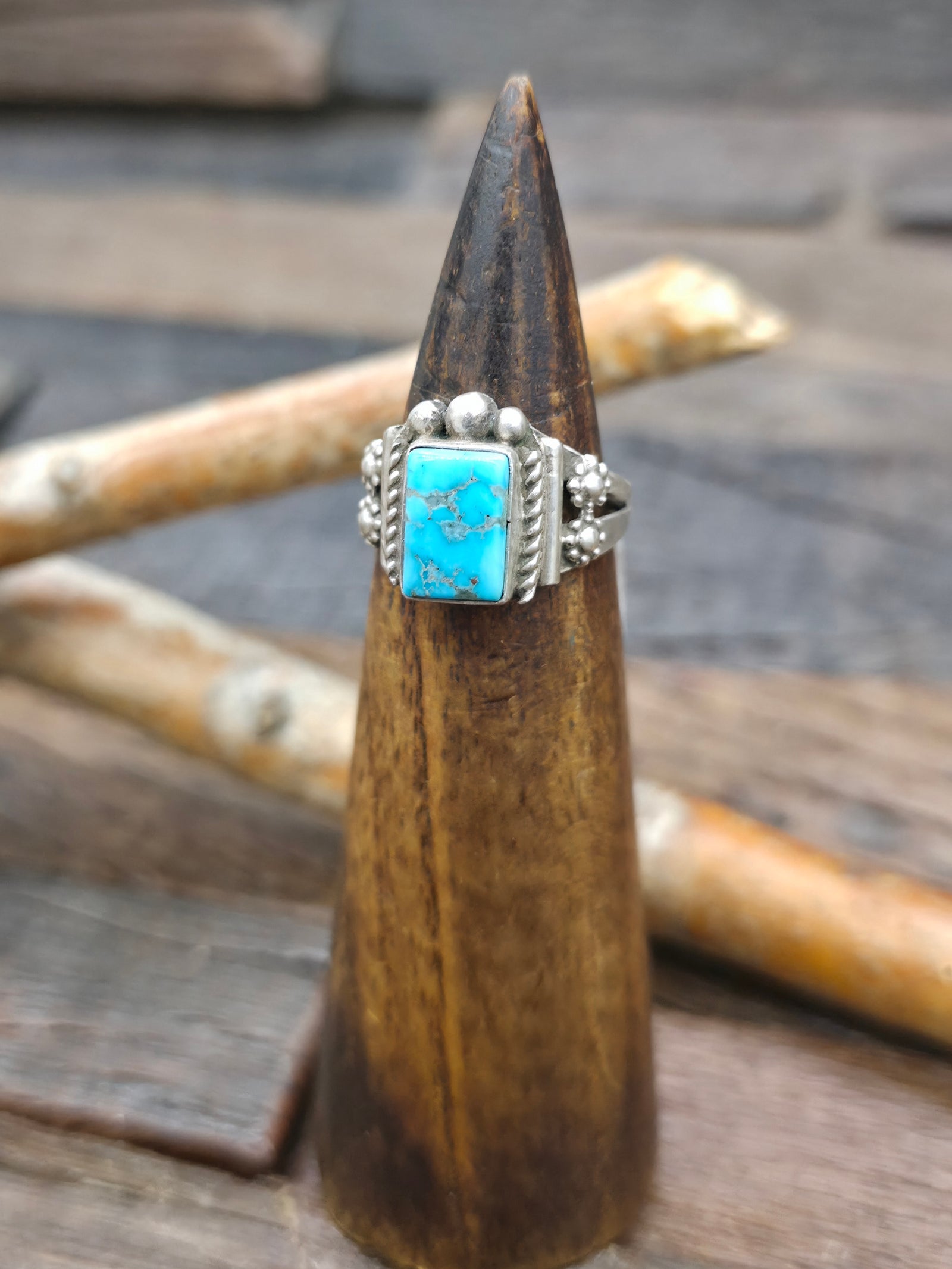 Sterling Silver Blue Turquoise Rectangular Stone Ring by "TR" - Size 7 1/2