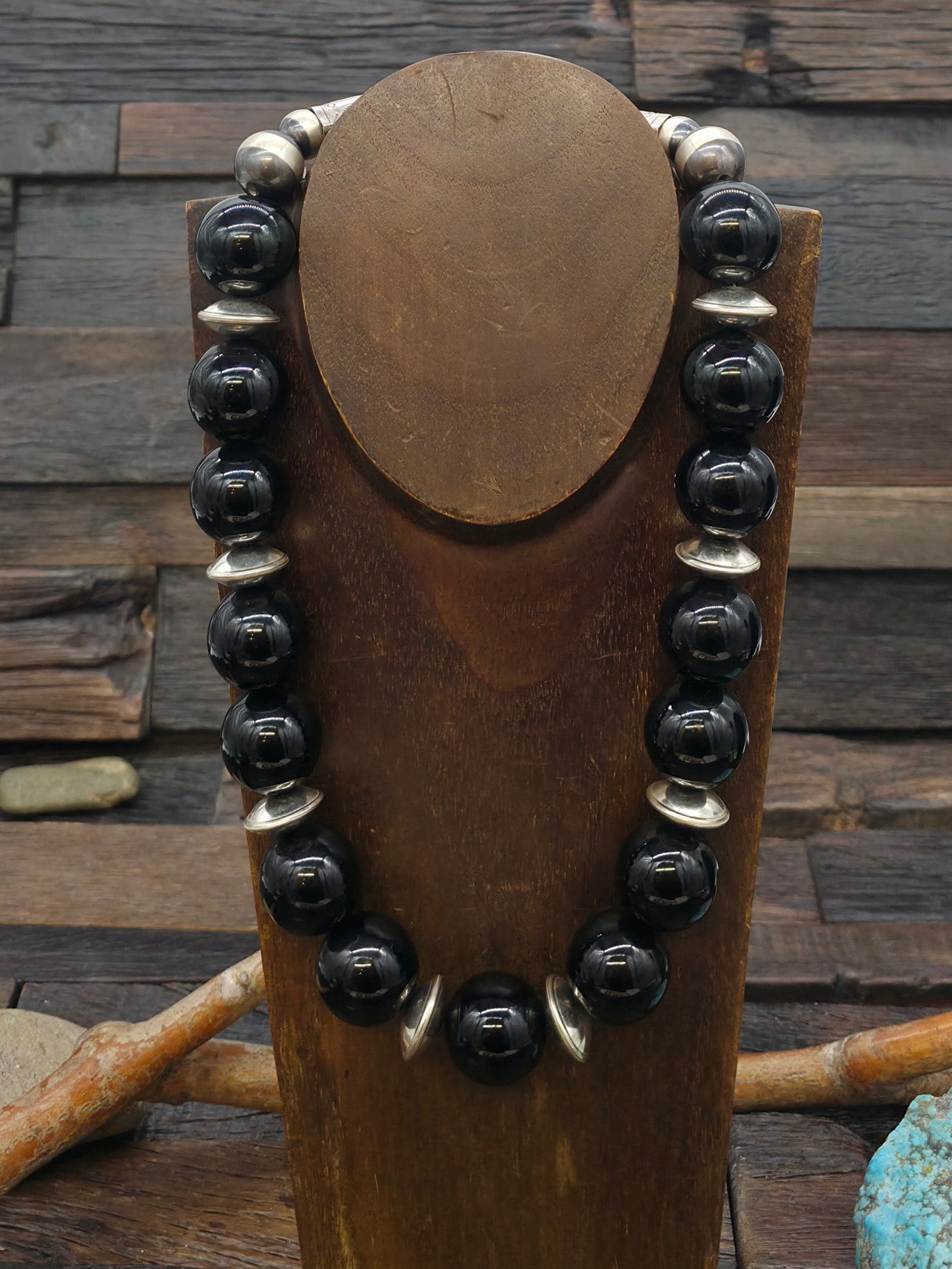 Onyx and Sterling Silver Large Bead Necklace by Fred Archuleta - 22 in.