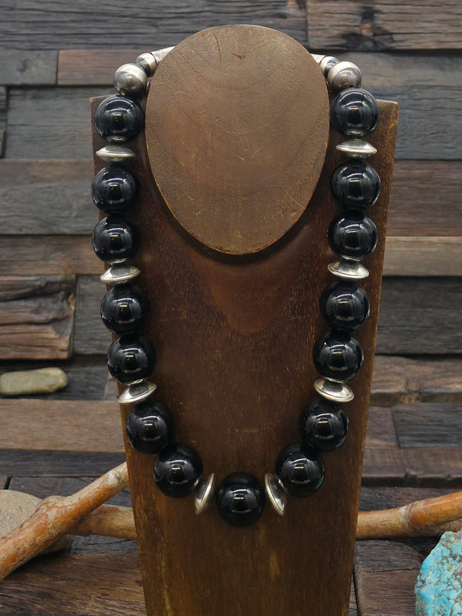 Onyx and Sterling Silver Large Bead Necklace by Fred Archuleta - 22 in.