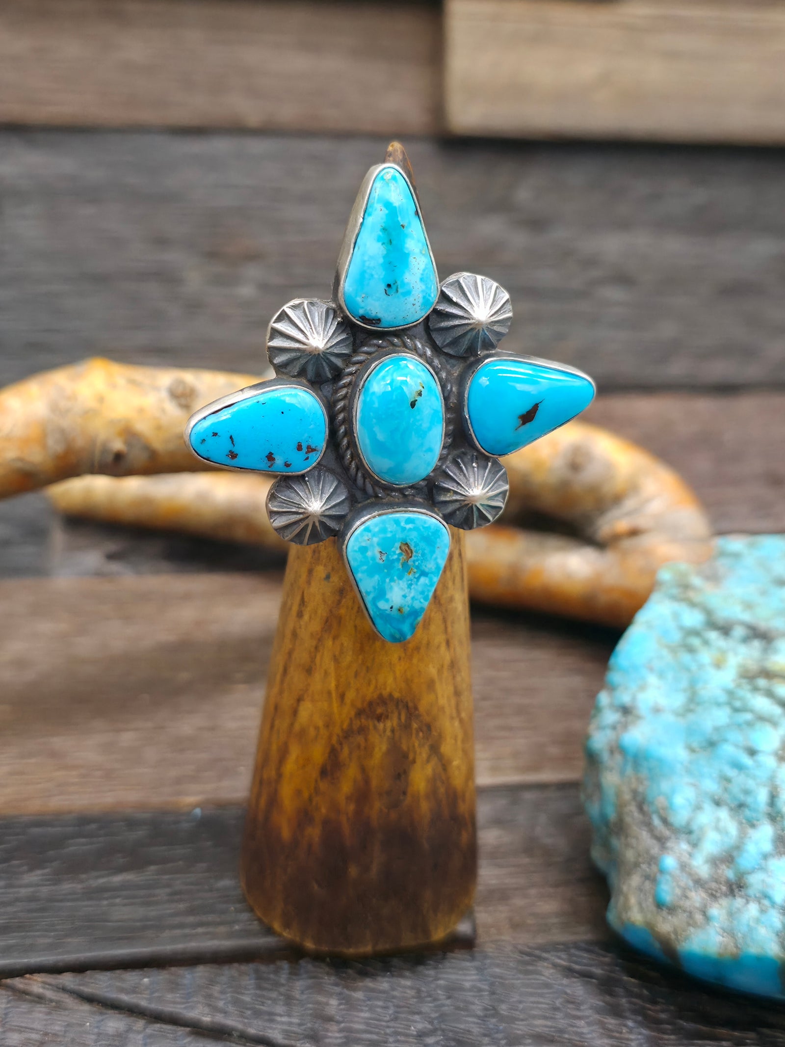 Five Stone Sterling Silver Kingman Turquoise Ring by Rosella Paxson - Adjustable
