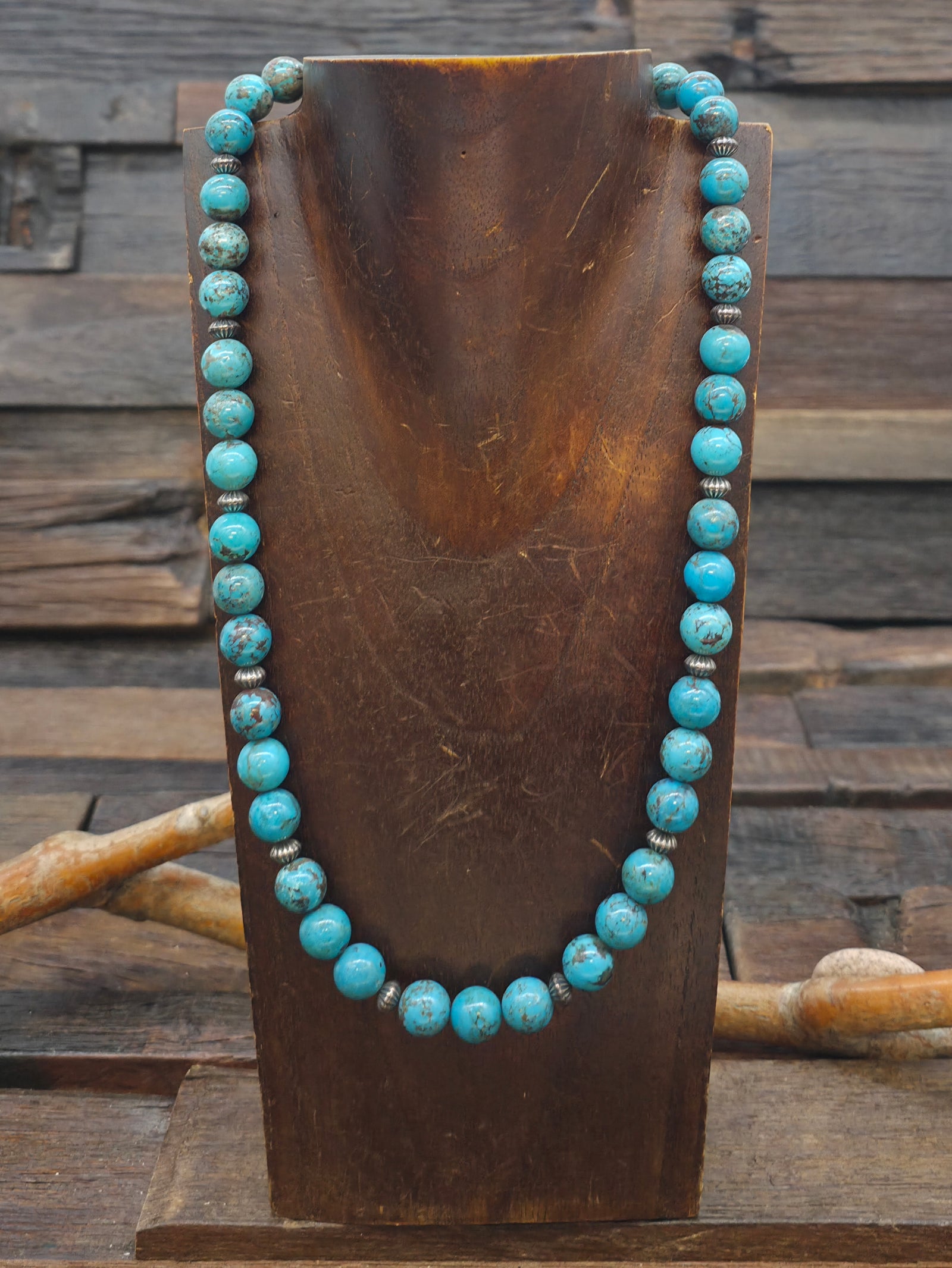 Sky Horse Turquoise Necklace with Fluted Sterling Silver Beads - 21 in.