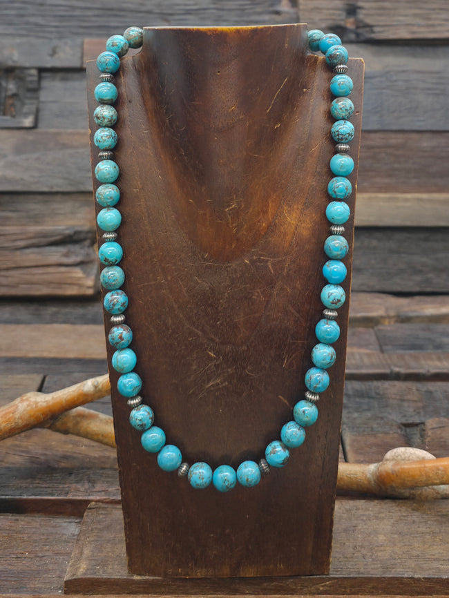 Sky Horse Turquoise Necklace with Fluted Sterling Silver Beads - 21 in.