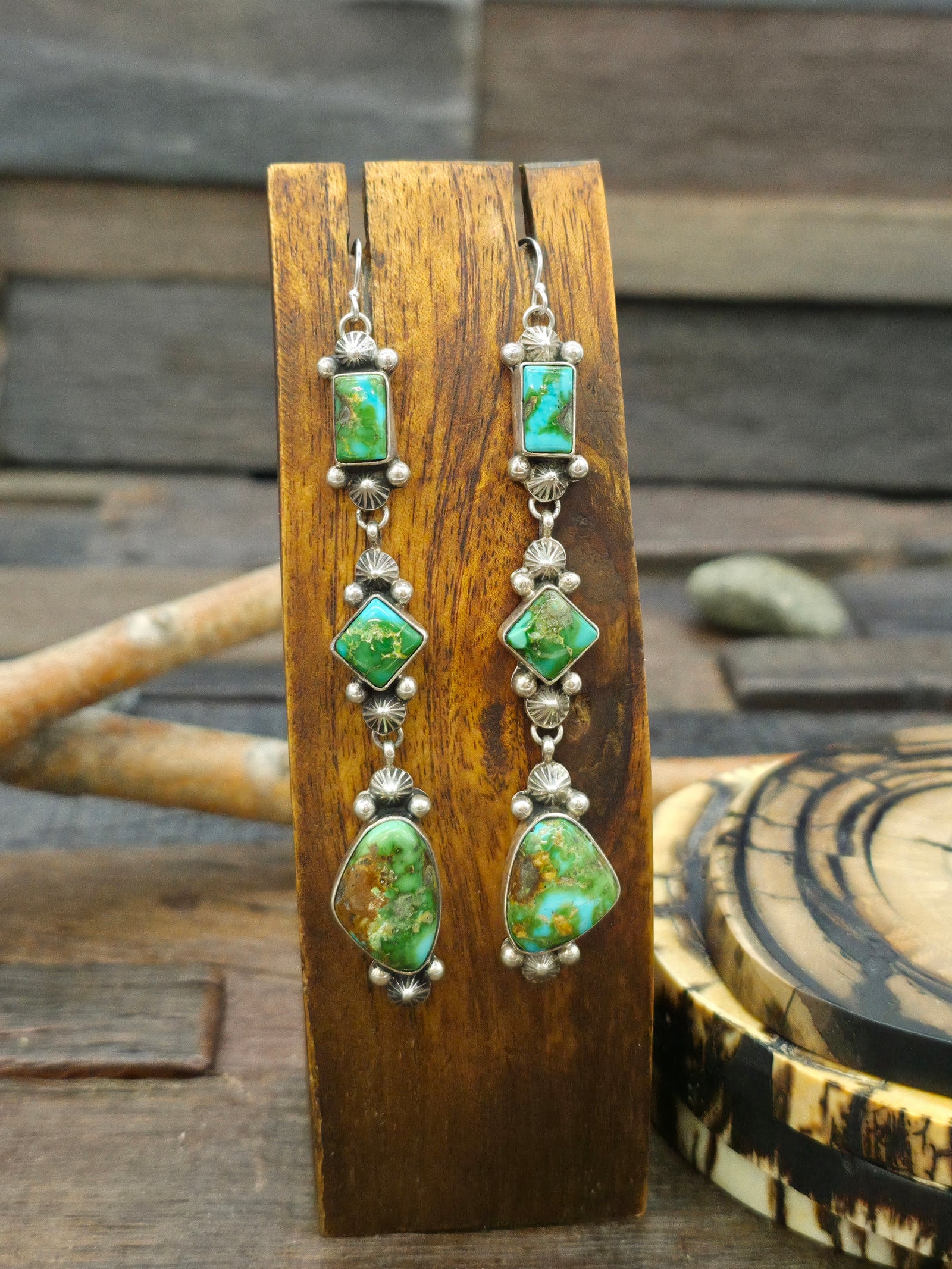 Sterling Silver Sonoran Turquoise Three Stone Earrings by Rosella Paxton