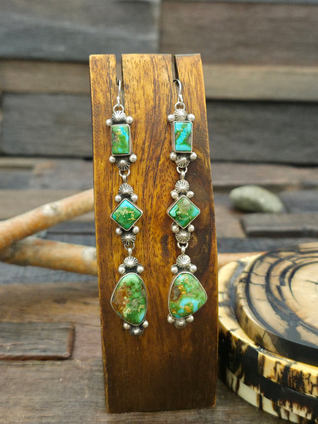 Sterling Silver Sonoran Turquoise Three Stone Earrings by Rosella Paxton