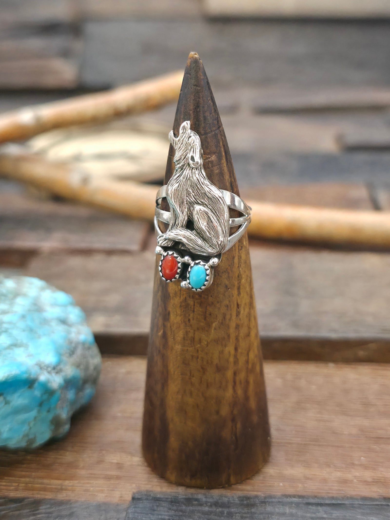 Sterling Silver Turquoise and Coral Howling Wolf Ring by Robinson Martinez - Size 9