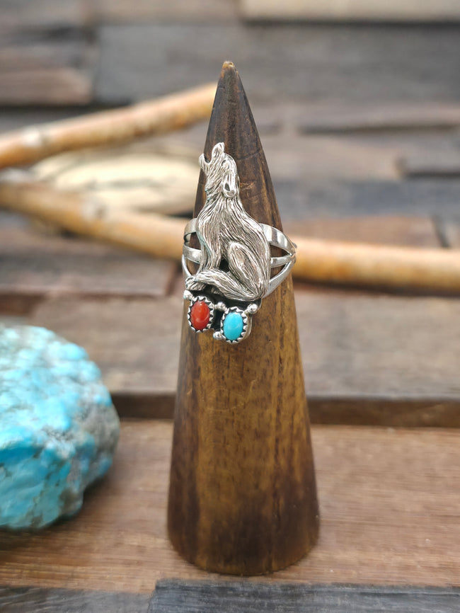 Sterling Silver Turquoise and Coral Howling Wolf Ring by Robinson Martinez - Size 9